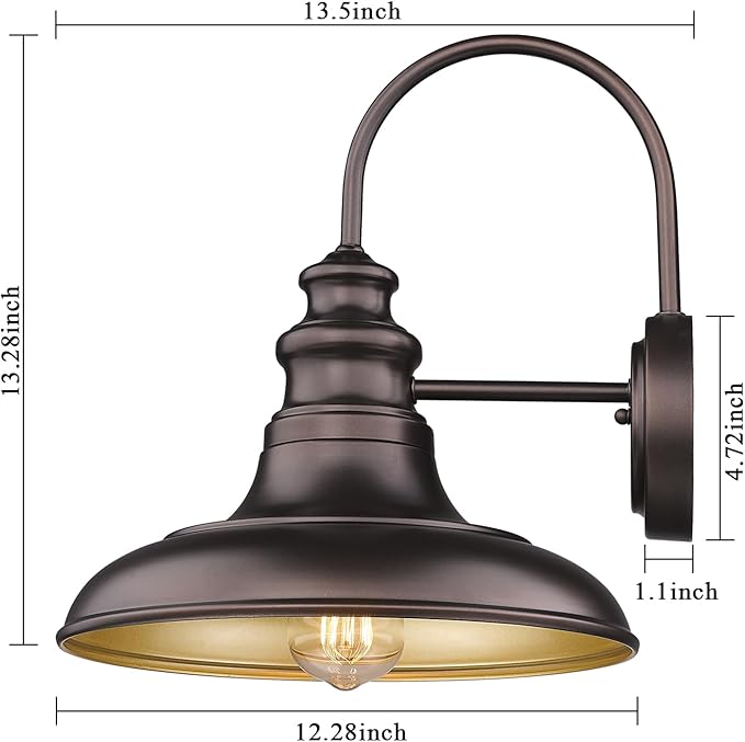 Outdoor Barn Light Fixture Farmhouse Wall Mount Light Gooseneck Wall Sconce Exterior Wall Lighting Fixture Industrial Bronze Finish Lantern for Porch with Gold Interior, 1Pack, RZ004 ORB