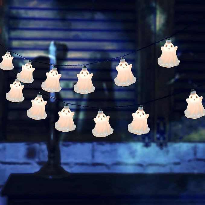 Halloween Ghost String Lights, 8.5Ft Outdoor Halloween Decorations Lights with 10 White Ghosts Lights Waterproof, Hanging Ghosts Fairy Lights UL Listed for Patio Garden Backyard Party Bedroom Window