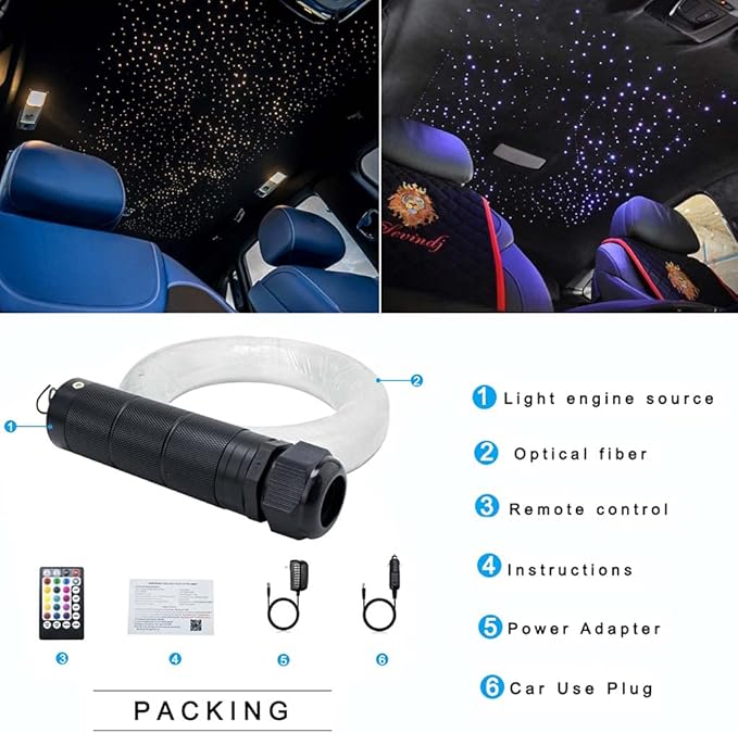 AZIMOM 6W Bluetooth/APP Control RGBW Fiber Optic Lights Star Ceiling Kit Sensor Music Mode Sensor Light Source with Remote 200pcs 0.03in 6.5ft Fiber Strands for Car & Home interior Decoration