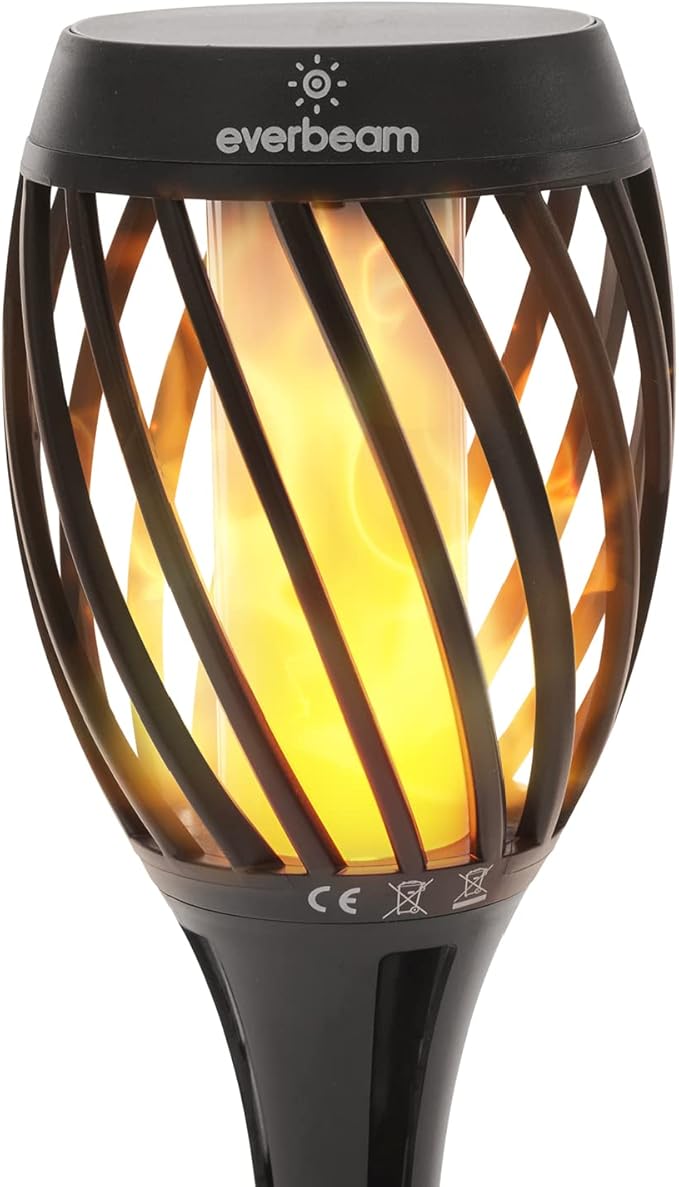 Everbeam P2 Solar Flickering Flame Torch Light - Automatic IP65 Waterproof Solar Tiki Lights with A Stunning Realistic Flame & Distinctive Lampshade - Quick No Tool Installation - 1 Pack