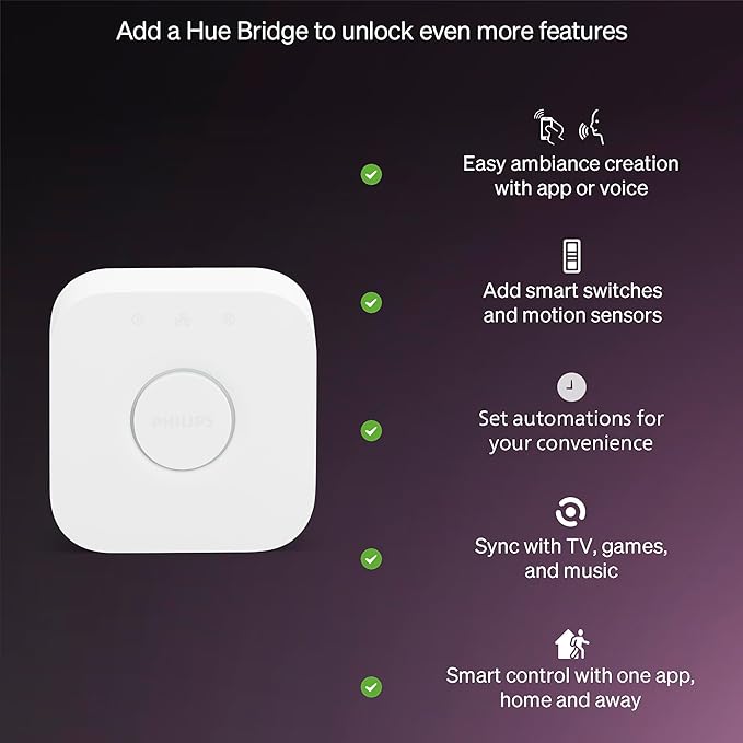 Philips Hue Essential Smart LED A19 Bulb, White and Color Ambiance, E26 Base, 8.8W, 2200K-6500K, 800 Lumens, Dimmable, Works with Alexa, Google, and Apple Home, 2-Pack