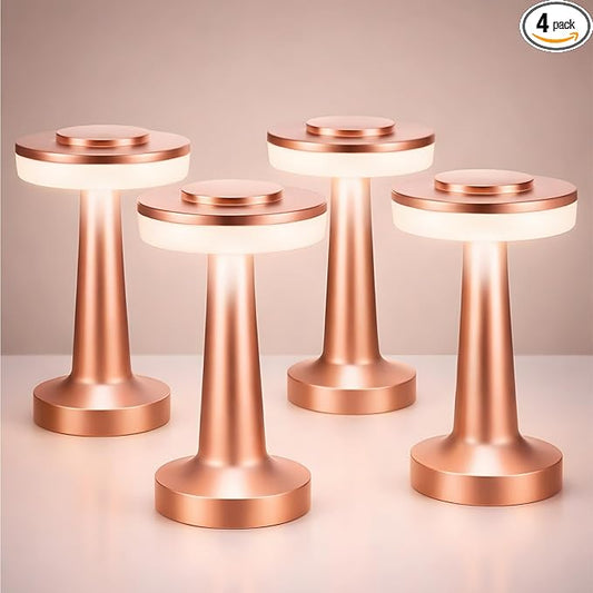 Riakrum 4 Pcs LED Portable Cordless Table Lamp with Touch Sensor 3 Color Stepless Dimming Rechargeable Battery up to 15 Hours Cordless Table Light Wireless Lamp for Nursery (Rose Gold)