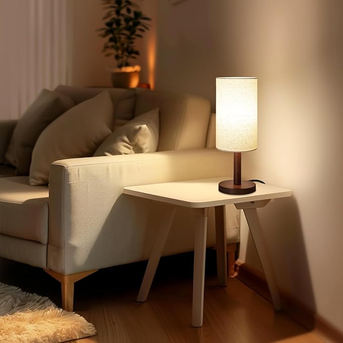 Small Table Lamp Nightstand Lamp Linen Lampshade Bedroom Wood Base Small Bedside Lamp for Night Stands, Desk Lamps for Reading Living Room, Office (LED Bulb Included) (Black-Walnut Wood（2）)