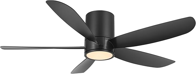 52" Outdoor Ceiling Fan with Light and Remote, ABS Blades, Low Profile Flush Mount Ceiling Fan, Dimmable LED light, Noiseless Reversible DC Motor Black