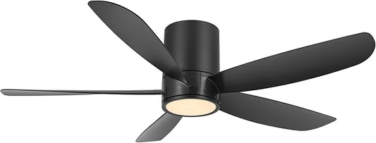 52" Outdoor Ceiling Fan with Light and Remote, ABS Blades, Low Profile Flush Mount Ceiling Fan, Dimmable LED light, Noiseless Reversible DC Motor Black