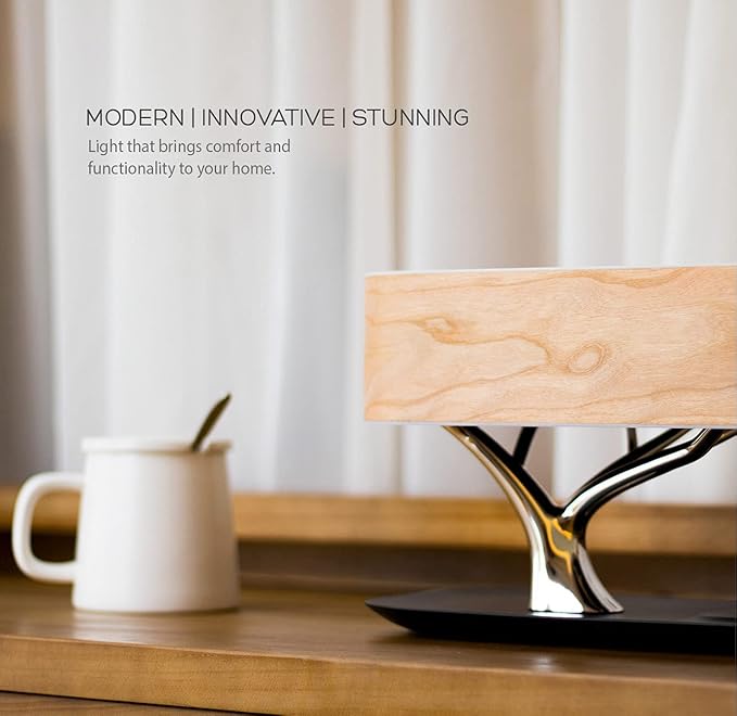 Bonsai Modern LED Bedside Smart Table Lamp with Built-in TWS Bluetooth Speaker and Qi Wireless Charger for Home and Office, Stepless Dimming with Sleep Mode (Tree of Light)