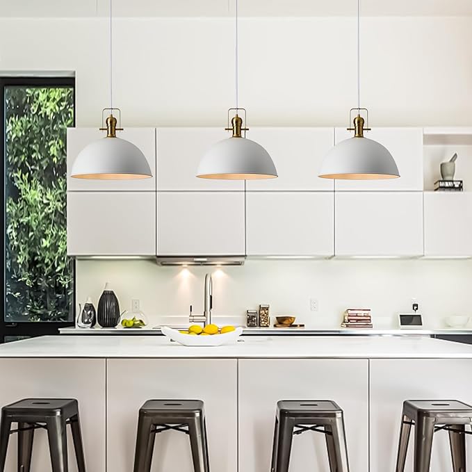 12 Inch Sandy White Farmhouse Pendant Lights for Kitchen Island Industrial Adjustable Height Vintage Dome Hanging Light Fixtures for Barn,Dining Room 3 Packs