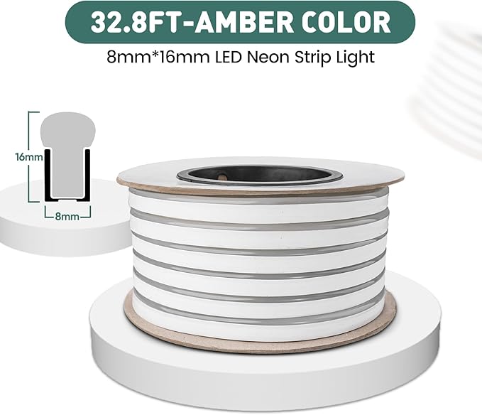 GZBtech Flexible LED Neon Rope Lights 33FT,AC 110-120V Waterproof Strip Light, 120 LEDs/M Cuttable Connectable Neon Lighting for Indoor Outdoor Home Decor/Commercial Building Use-Amber 10M, ETL Listed