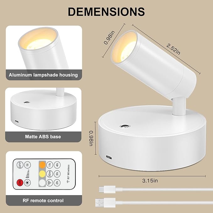 Kimjo Spot Lights Indoor, Wireless LED Spotlight, Uplighting Indoor with Remote and Dimmable, Accent Lighting for Plants, Picture, Battery Operated Wall Light (White 4 Pack)