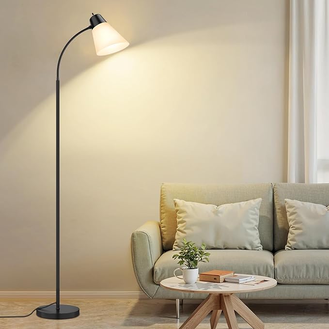 Floor Lamp for Living Room, Adjustable Head Standing Lamp with White Plastic Shade, Black Reading Floor Lamps for Dorm, Bulb not Included