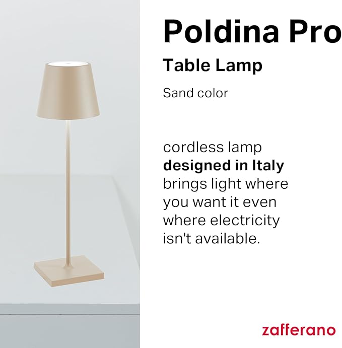 Zafferano, Poldina Pro Lamp, Rechargeable Cordless Table Lamp with Touch Controls, Suitable for Indoor and Outdoor, Dimmer, 2200-3000 K, Height 14.9 Inches, Sand Color