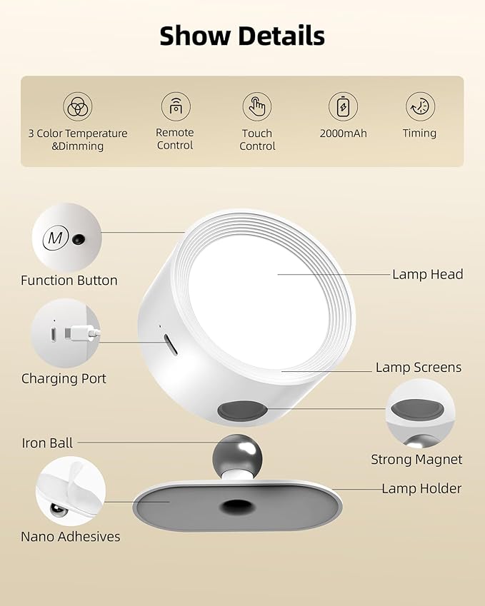 LED Wall Mounted Lights, Rechargeable Wall Sconces Lamp, 3 Color Temps & Remote and Touch, 360°Rotation Dimmable Cordless Wall Light for Study Bedroom Reading Bedside(White, 1 Pack)