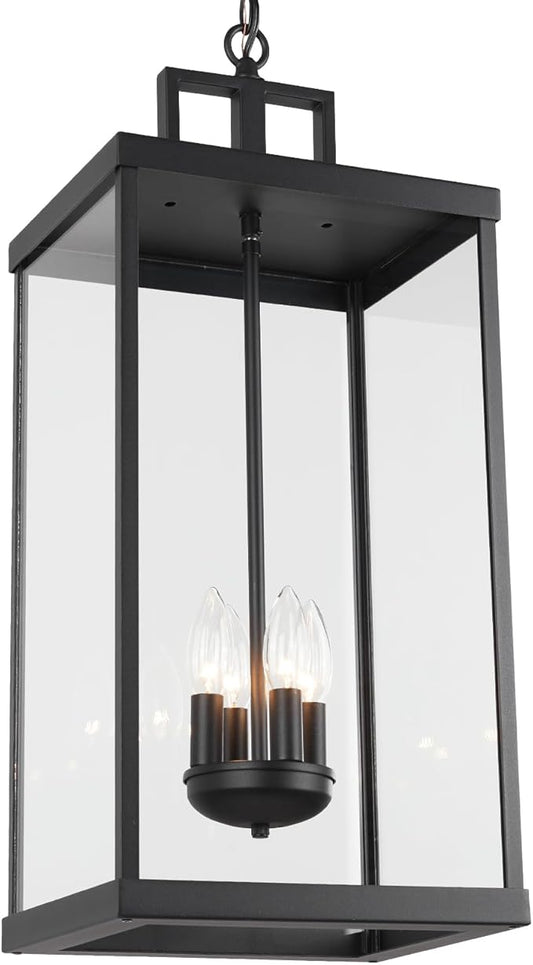 Outdoor Pendant Light, 25'' Large Hanging Lights Lantern Light, Modern Outside Chandelier with Clear Glass, Exterior Gazebo Light for Patio, Porch, Yard, Garage