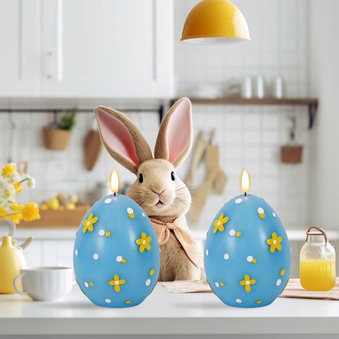 DRomance Easter Flameless Candles Battery Operated with 6 Hour Timer Battery Operated Real Wax Color Painted Easter Egg Shaped LED Flickering Candles Dinner Spring Holiday Decor(Blue, 2.4"D x 6.3"H)