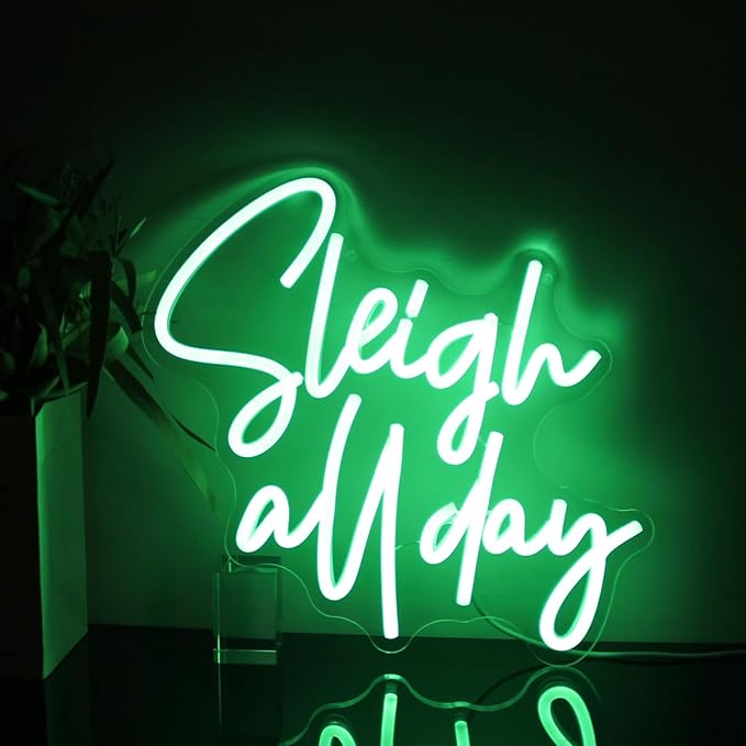 Sleigh All Day Neon Lights Signs Christmas Neon Sign Green Letter LED Neon Lights for Wall Words Xmas Neon Light Up Sign for Bedroom Bar Man Cave Christmas Party Decor