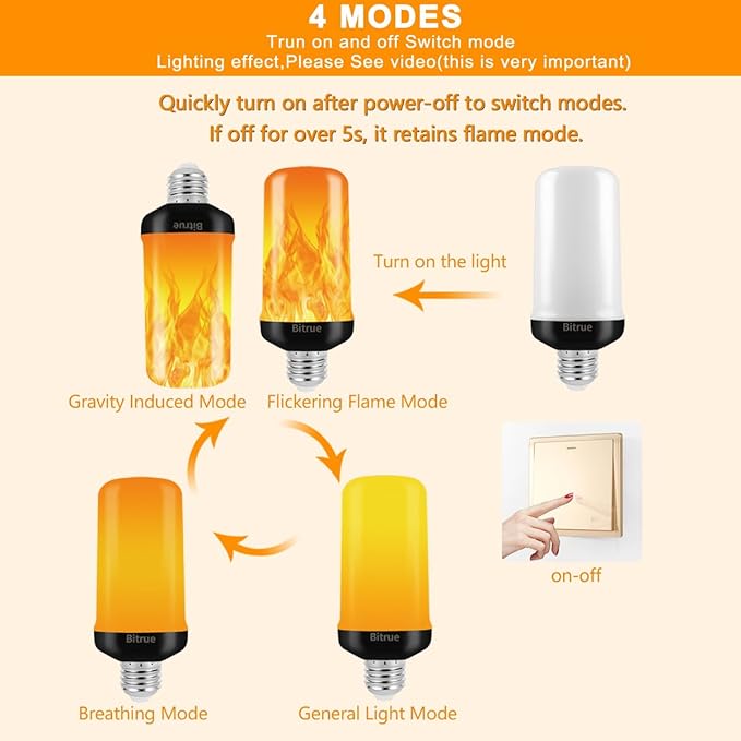 Bitrue LED Flame Effect Light Bulb, 4 Modes Flame Light Bulbs, E26 Base Fire Light Bulb with Gravity Sensor,Flickering Light Bulbs Hallowee Home Party(2 Pack)