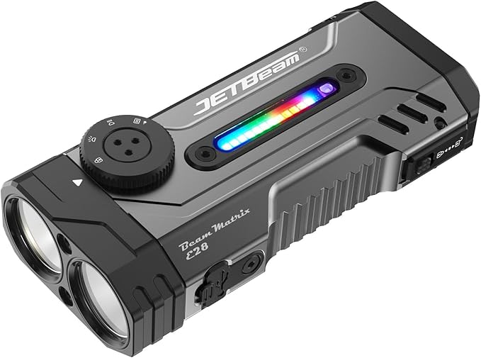 JETBeam E28 EDC LED Rechargeable Flashlight with RGB Light UV/Green Beam, 3300 LM Multifunctional Flat Flashlight with Floodlight,Spotlight and Magnetic Base,IPX8,350H Runtime for Emergency,Camping