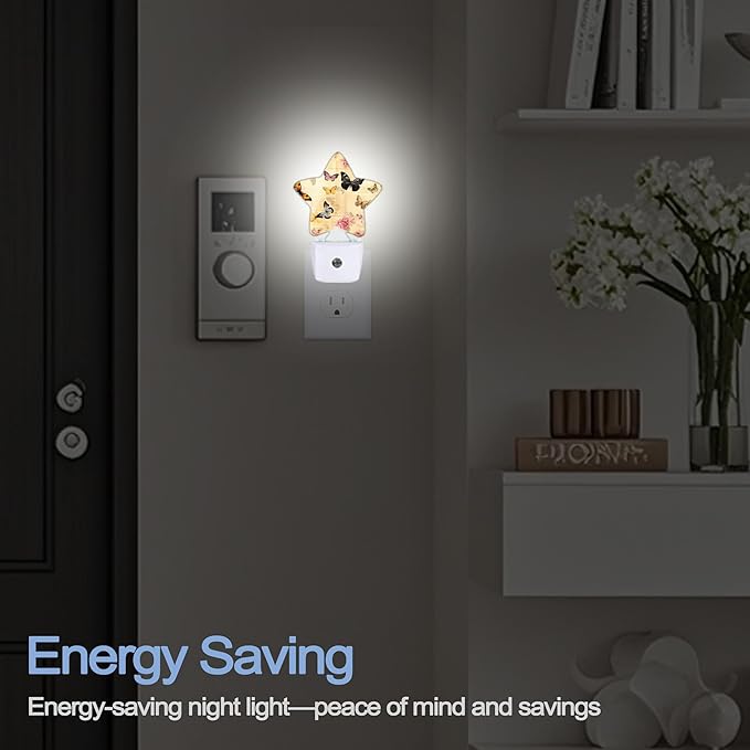Vintage Butterfly Night Lights Plug Into Wall,Pink Flowers Star Night Light for Kids,Nightlight with Dusk to Dawn Smart Sensor for Bedroom Bathroom Decor,Children Women Men Gift