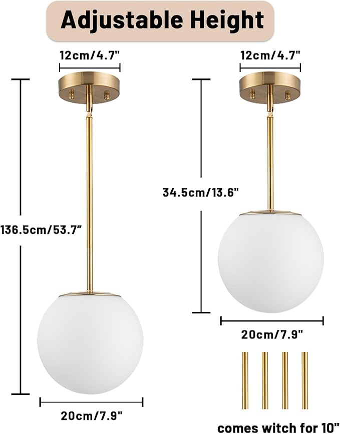 Mid Century Modern Pendant Lighting Gold Globe Pendant Light Fixture,1-Light White Glass Shade Brushed Brass Finished Hanging Light Fixture for Kitchen Island