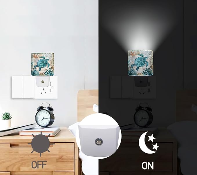 Vintage Ocean Turtle Plug-in LED Night Light,Starfish World Map Auto Dusk to Dawn Sensor Nightlights Plug into Wall,White Energy Efficient Night light for Bedroom,Bathroom,Kitchen,Stairs,Hallway