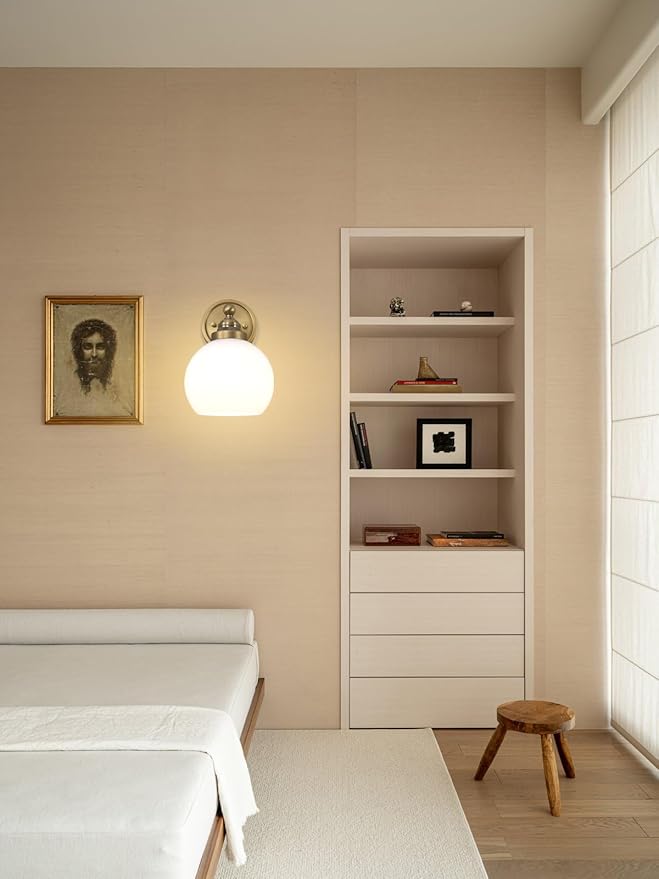 HEQIQEH Vintage Rechargeable Battery Operated Wall Sconce with Milky White Globe Glass Shade, Dimmable Cordless Wall Mounted Lamp with Remote Control for Indoor Bedroom Vanity Bathroom