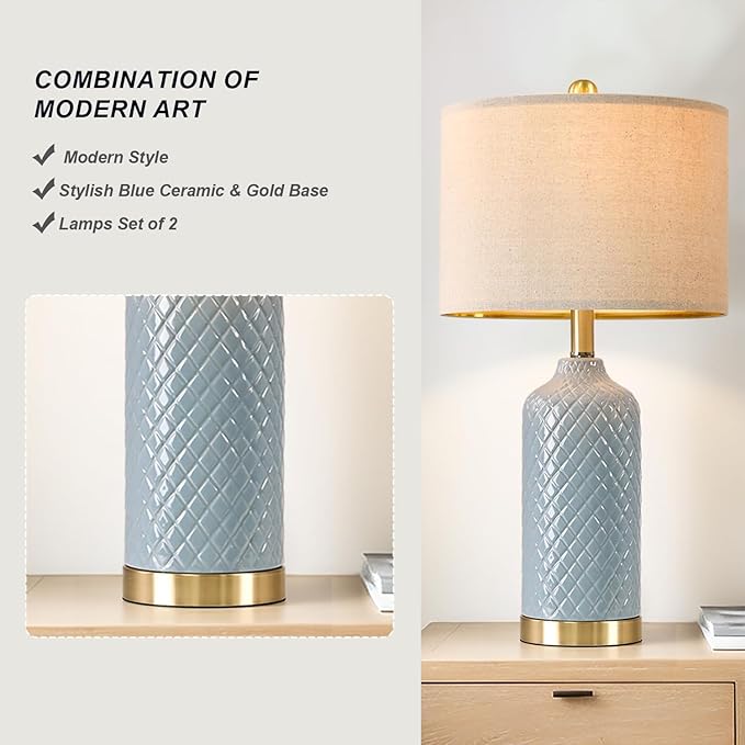 24.25" Modern Ceramic Blue Lamps for Living Room & Bedside, Farmhouse & Boho Style, Coastal & End Table Lamps