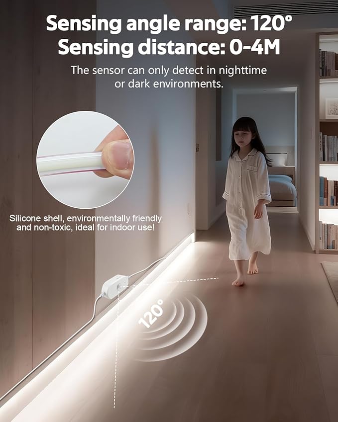 Motion Sensor COB LED Strip Light AC 110V 40FT Cold White 6000K Plug In Waterproof IP68 Adjustable Time-Delay Motion Activated Flexible Led Lights Strip for Under Cabinet Bedroom Courtyard 288LEDs/M