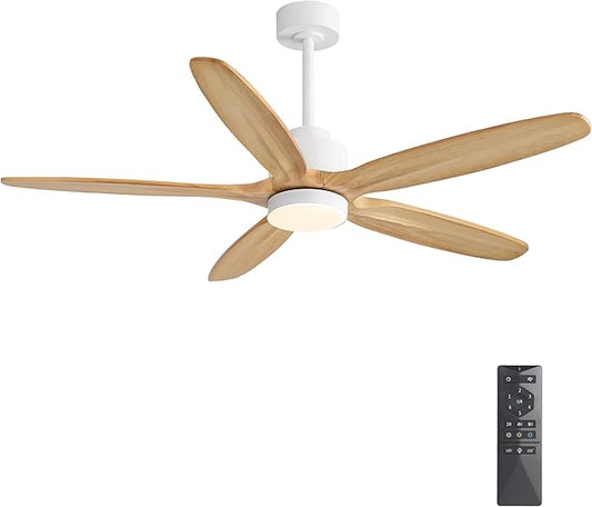 WINGBO 54" Ceiling Fan with Light - 5 Carved Solid Wood Blades, 6-Speed Reversible DC Motor, Dimmable, 3CCT, Noiseless Remote Control Ceiling Fans with Lights for Bedroom Living Room, White and Oak