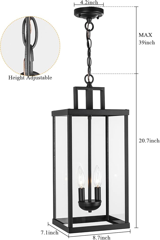 21'' Outdoor Pendant Lantern, 2-Light Modern Black Exterior Chandelier with Clear Glass, Hanging Porch Light for Patio, Yard, Foyer