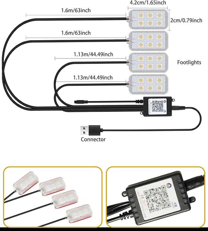 Car LED Interior Lights，RGB Decorative Mood Lighting for Car Foot Ambient Lighting ，APP Control Music Sound-Activated Car LED Strip Light Accessories，USB Decoration Atmosphere Lights