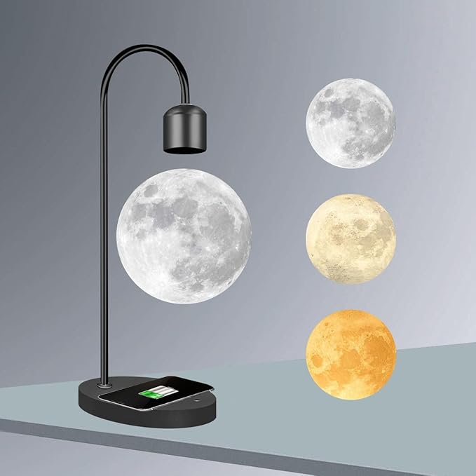 Magnetic Levitation Planetary Light with Wireless Phone Charger, Floating Moon Lamp, 360° Rotating Night Light for Girlfriend, Mom, Birthday, Anniversary(Black,C)