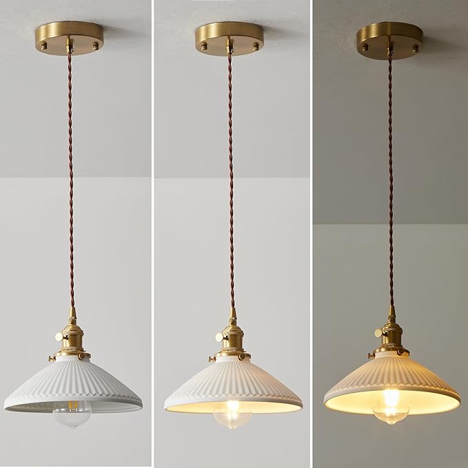 Vintage Industrial Ceramic Pendant Lights Fixtures - 6.56 FT Adjustable Hanging Wire, Brass Socket, E26/E27 Bulb Compatible, Modern Hanging Lamp Ideal for Kitchen, Dining, Bedroom (Hardwire)