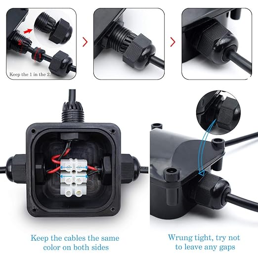 Waterproof Junction Box, IP68, 3-Way Outdoor Cable Connectors,Outdoor/External Electrical Light Junction Box Ø 6mm-10.2mm (6 Pack)