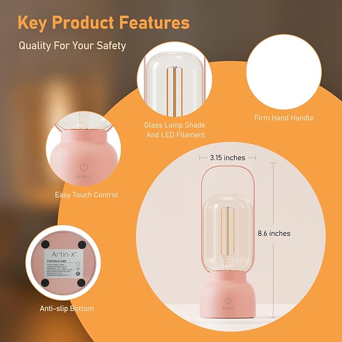 Retro Cordless Lantern Table Lamp, 40 Hours Long Lasting Dimming Night Light, Small Rechargeable Battery Operated Light for Cruise Nightstand Travel Camping Decoration Gift- Pink