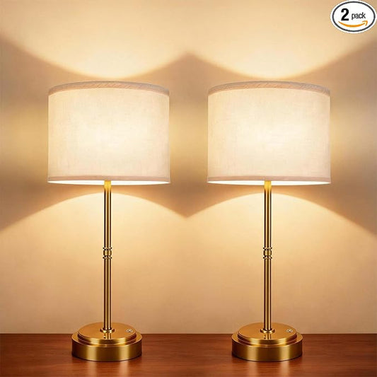 AWOKE Cordless Table Lamps Set of 2, 7500mAh Rechargeable Battery Operated Lamps with Fabric Shade, Stepless Dimming, Height Adjustable Nightstand Lights for Bedroom & Dining Table, Brass-Toned Base