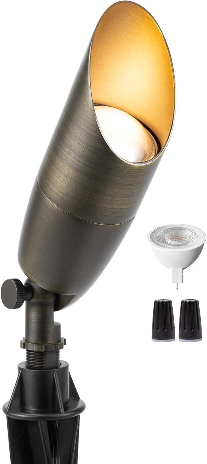 Gardenreet Landscape Spotlights Low Voltage - Brass Outdoor Uplight Wired LED, 12V Spot Lights Waterproof Single, Bronze for Exterior Garden Yard Tree House with 5W 2700K Warm White MR16 Bulb