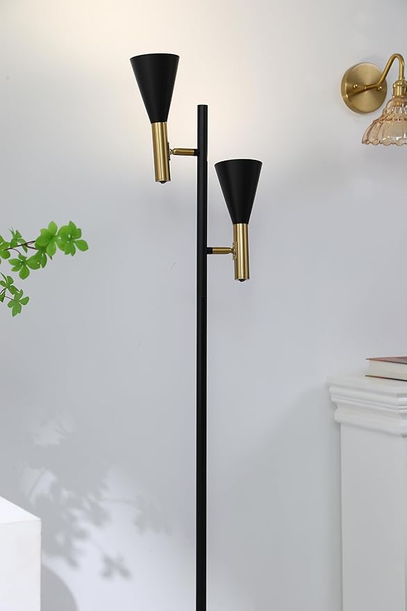 Modern Floor Lamp with 2 Adjustable Head Tall Pole Uplight for Living Room, Bedroom, Office,Gold and Black Corner Light for Reading (Black and Gold)