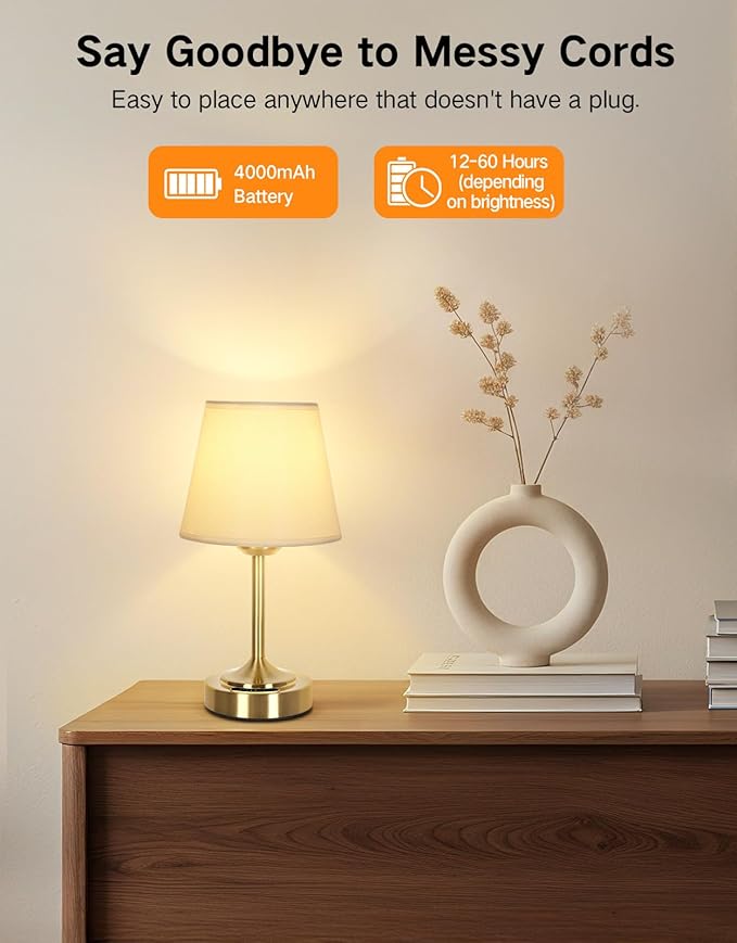 OUTON Cordless Rechargeable Table Lamp – 3 Color Temperatures, Battery Display, Touch Dimmable LED Light, USB-C Charging, Fabric Shade, Memory Function for Bedroom, Living Room, Patio (Small-Gold)