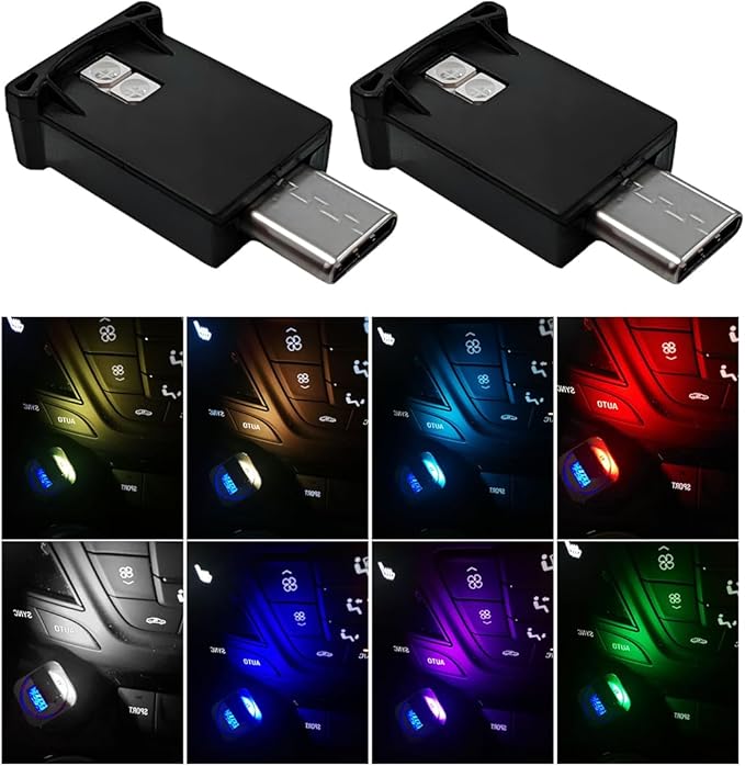 2PCS USB Type C LED Ambient Light, 8 Colors RGB LED Car Atmosphere Lamp with Adjustable Brightness, 5V Plug-in USB Night Lights Interior Decoration for Vehicle Home Office
