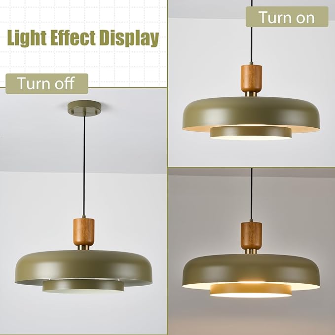 Mid Century Chandelier 19.68 inch, Natural Wood and Brass Accent,2 Layered Deep Green Shade,Large Pendant Ceiling Lights for Dining Room, Kitchen,Living Room