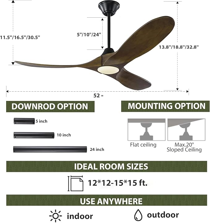 52 Inch Smart Outdoor Ceiling Fan with Light, Rustic Farmhouse Wood Ceiling Fan with 3 Blades Propeller, Damp Rated, Alexa/Remote/App Control, High CFM Quiet DC Motor for Patios Indoor Exterior