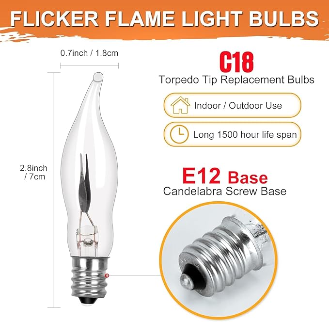 Halloween Flickering Light Bulbs 12 Pack, C18 Flickering Flame Light Bulbs E12 Candle Base for Halloween Candelabra Window Candle Lamp Halloween Replacement Bulbs