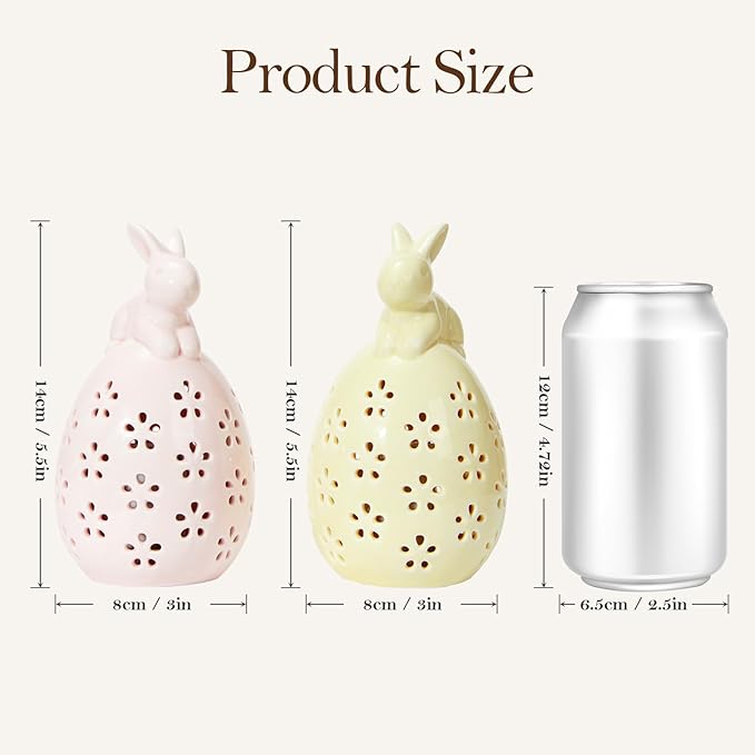 WDS WONDROUS Light Up Easter Decorations Bunny and Egg Figurines Set, LED Pink & Yellow Easter Spring Home Decor, Ceramic Rabbit Egg Sculpture for Farmhouse Tabletop Centerpiece Wedding Gifts 2PCS