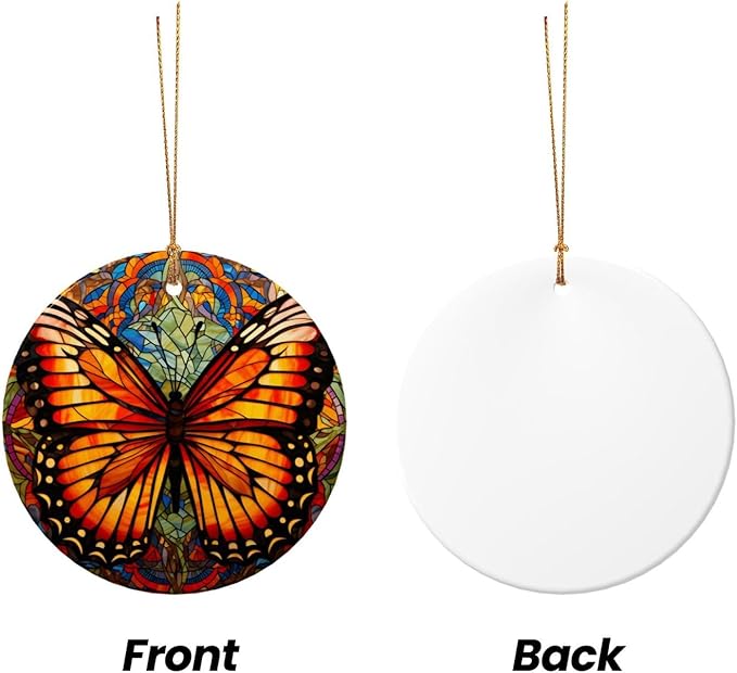 Butterfly Boho Glass Painting Christmas Ornaments, Christmas Decorations Xmas Tree Hanging Ornaments, Round Ceramic Festive Keepsake Gift for Xmas Decorations Holiday Home Decor
