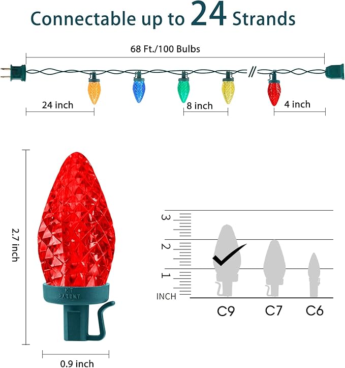 C9 LED Christmas Lights Outdoor, 68 Ft 100 LED C9 String Lights with 100 All in One Clips, Connectable Waterproof Christmas Tree Lights for Outside Roofline Backyard Garden Decor, Multicolor 2 Pack