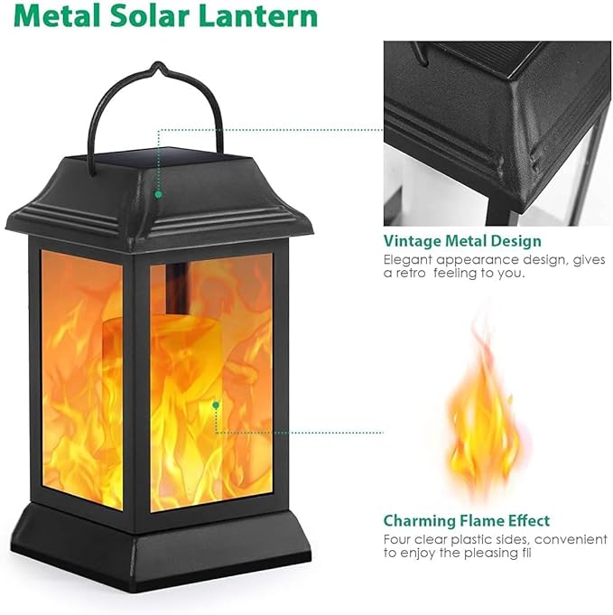 TomCare Solar Lights Metal Flickering Flame Solar Lantern Outdoor Hanging Lanterns Decorative Lighting Heavy Duty Solar Powered Waterproof Umbrella Lighting for Garden Yard Patio Deck, 4 Pack（Black）