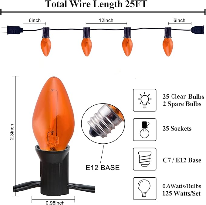 Orange C7 Christmas Lights, 25Ft C7 LED Outdoor String Lights with 27 Clear Orange Bulbs, Hanging Christmas Decorative Lights for Indoor Outdoor Holiday Party Backyard Garden, Black Wire