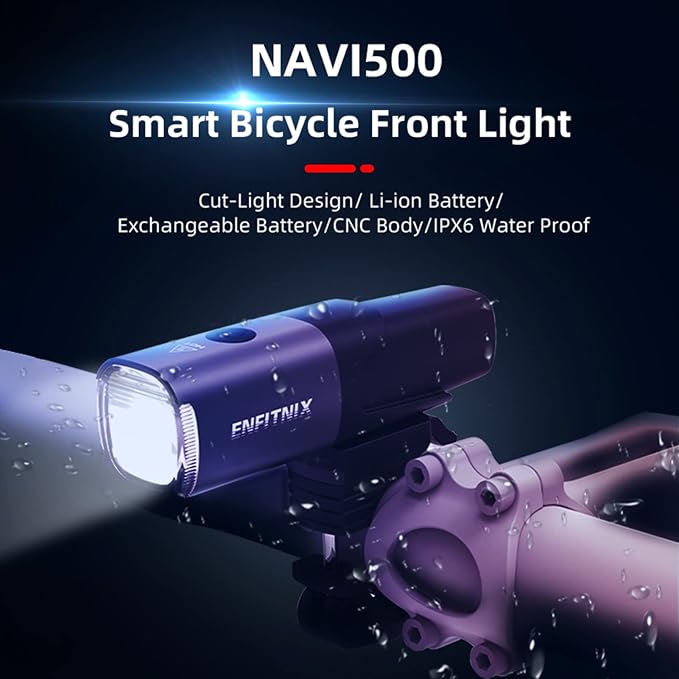 Navi 500 Smart Bike Light, Auto On/Off, 2450 mAh USB Type-C Rechargeable Bicycle Front Lamp, 530 Lumen Multi-Mod Super Bright LED Bike Light, IPX6 Waterproof, Aluminum Frame, 5 Light Modes.