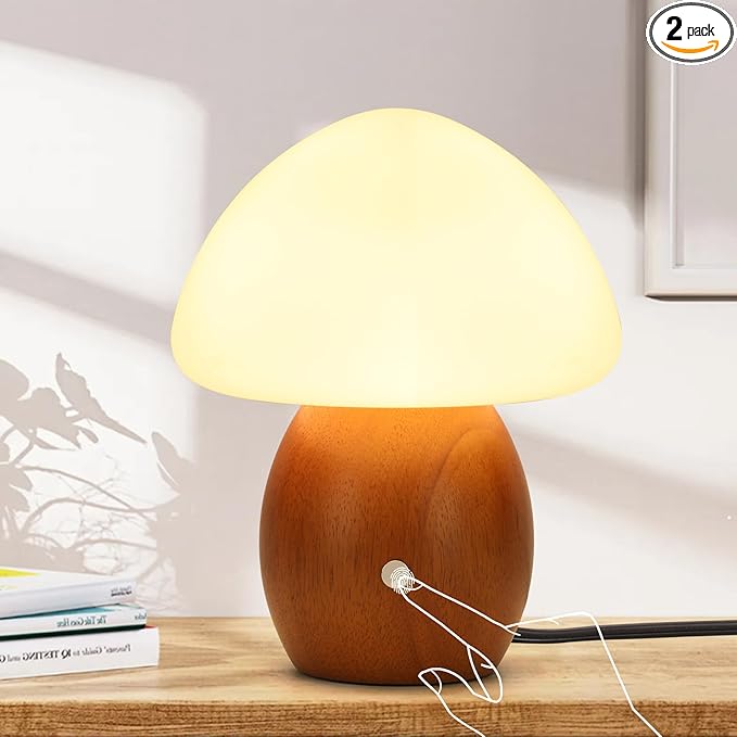 Mushroom Lamp with Touch Control Switch, Small Wooden Table Lamp with Glass Shade, 3 Way Dimmable Nightstand Lamp for Bedroom, G9 LED Bulb Included (Brown Color&Opal White Glass Shade)