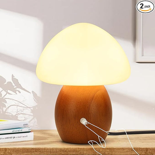 Mushroom Lamp with Touch Control Switch, Small Wooden Table Lamp with Glass Shade, 3 Way Dimmable Nightstand Lamp for Bedroom, G9 LED Bulb Included (Brown Color&Opal White Glass Shade)